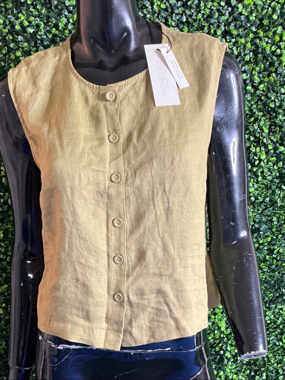 Rachel Zoe Olive Green Linen Button-Front Sleeveless Top
